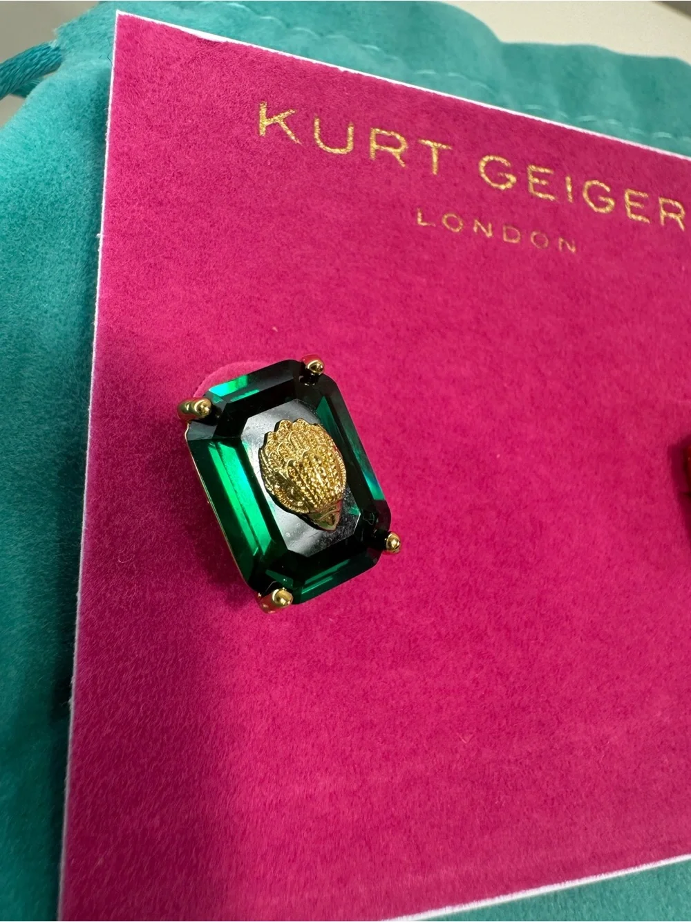 KURT GEIGER London Emerald Cut Crystal Eagle Head Stud Earrings NWT Green